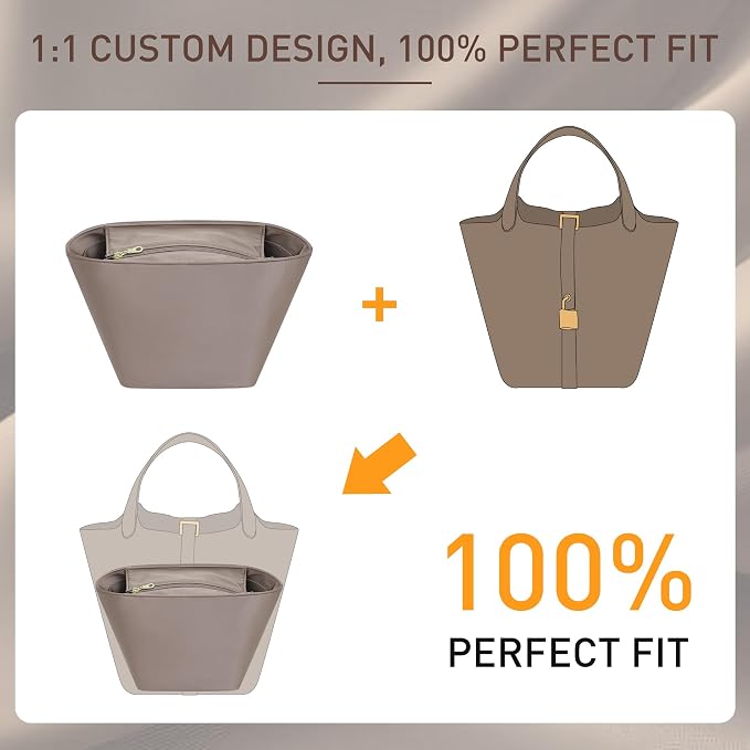 Doxo Satin Fabric Picotin 22 Bag Insert - Premium Purse Organizer for Picotin 22 with Zipper Closure and Keychain, Lightweight & Discreet Inner Liner, Fits Picotin 22 Luxury Totes(PC22, Etoupe Grey) - Image 3