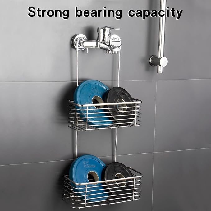 YQh Stainless steel double-layer shower rack, shower room hanging bathroom organizer, storage rack installed on the hanging bar or door, can store shampoo, hair conditioner, shower gel - Image 4