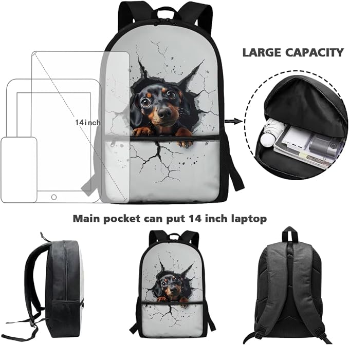 3D Dachshund Dog Print Backpack Set 17 Inch Schoolbag Large Capacity Bookbag Lunch Box Pencil Case Lightweight Travel Laptop Backpacks Rucksack Daypack with Zippered Pockets - Image 3