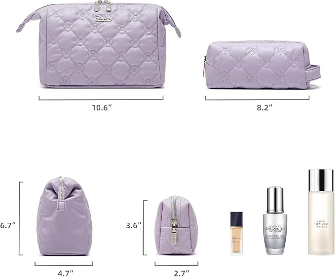 BOYATU Travel Makeup Bag Cosmetic Pouch: 2 Pcs Set Waterproof Vegan Leather Cosmetic Bags for Women - Cute Quilted Skincare Make up Toiletry Bag for Girl (03-Purple) - Image 6