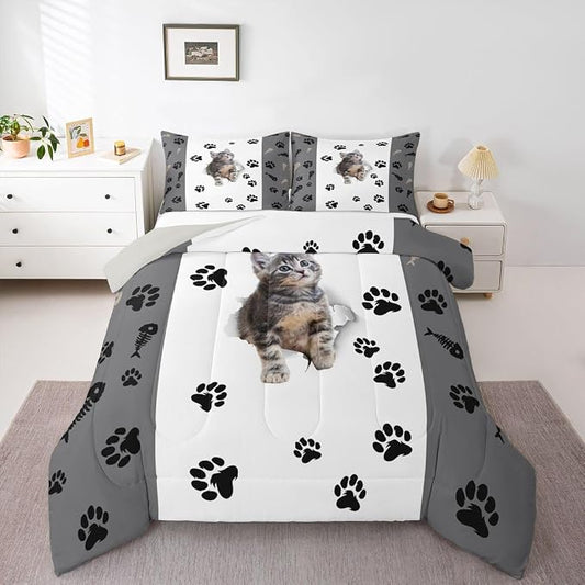 Erosebridal Kids Cat Comforter Set King,3D Cute Kawaii Cat Bedding Set Lovely Animal Kitten Paw Print Down Comforter Boys Cat Lovers' Bedroom,Fish Bone Decor Quilt Duvet Set 2 Pillow Cases, Multi 75 by Erosebridal
