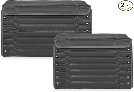 Owleys Car Caddy Organizer Set - 17.7" + 21.6" SUV Trunk Organizer Bundle For Road Trips, Groceries & Tools - Foldable Crates With Magnetic Lids - Stylish Gift For Men - Black Highway by OwleysCarAccessories