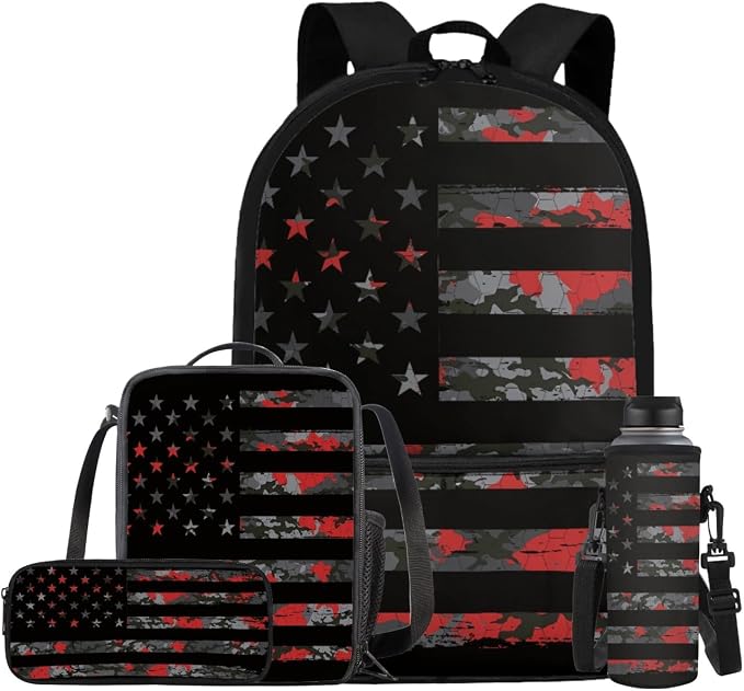 American Flag Camo Backpack for Boys Kids Backpack with Lunch Box Water Bottle Carrier and Large Pencil Case 4PCS Set Bookbag with Front Pocket for School Teens 17 inch Lightweight School Bag by ELEDIZI
