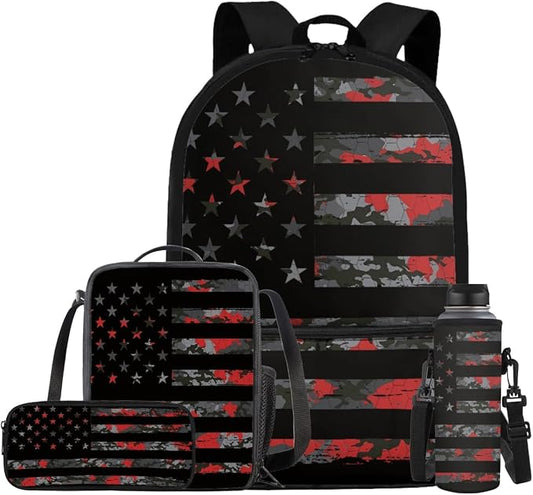 American Flag Camo Backpack for Boys Kids Backpack with Lunch Box Water Bottle Carrier and Large Pencil Case 4PCS Set Bookbag with Front Pocket for School Teens 17 inch Lightweight School Bag by ELEDIZI