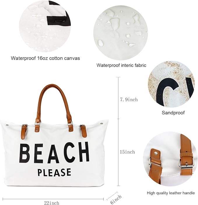 Lamyba Beach Bag with Vegan Leather Handle, Extra Large Beach Bag for Women Waterproof Sandproof, White | with Vegan Leather Handle - Image 5