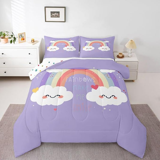 Erosebridal Rainbow Comforter Set for Kids, Cartoon Cloud Down Comforter King Size Kawaii Rainbow Bedding Set for Girls Boys Teens Women, Cute Love Heart Duvet Sets for Bedroom Decor, Purple by Erosebridal