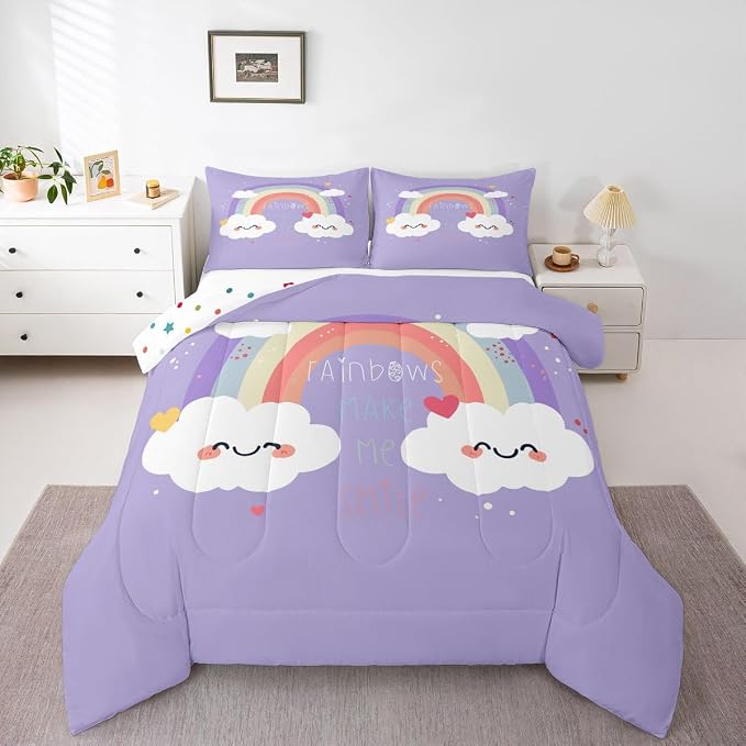 Erosebridal Rainbow Comforter Set for Kids, Cartoon Cloud Down Comforter Twin Size Kawaii Rainbow Bedding Set for Girls Boys Teens Women, Cute Love Heart Duvet Sets for Bedroom Decor, Purple by Erosebridal