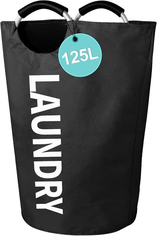 WOOHA 125L Large laundry basket,Collapsible laundry hamper, Tall Clothes Baskets Folding Washing Bin Foldable Fabric Hamper Bags for Bedroom, Closet,Bathroom,College,laundry bag,Black by WOOHA