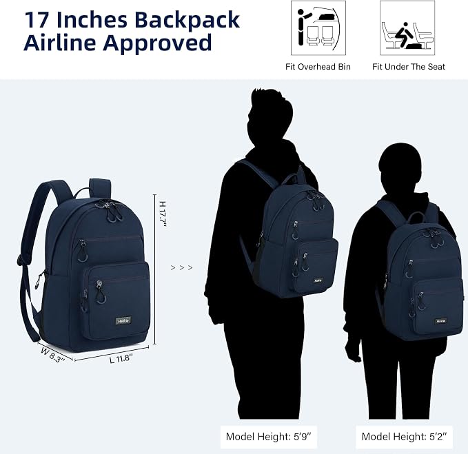 HanTrip Carry On Travel Backpack For Women, 18 Inch Water Resistant Large Backpack Lightweight Bookbag For Men, 8x14x18 Personal Item Bag Casual Daypack Backpacks For Work Office Commuter (Navy Blue) - Image 2