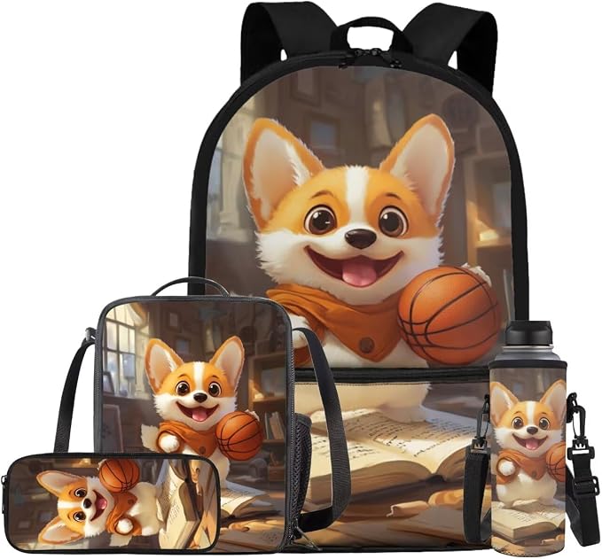 Cute Corgi Backpack for Kids Boys Backpack with Lunch Box Water Bottle Holder and Soft Pencil Case 4PCS Set Bookbag with Front Pocket for School 17 inch Lightweight Elementary School Bag by ELEDIZI
