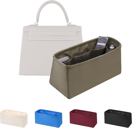 Women's Purse Organizer Insert - Satin & Lightweight Fabric with Inside Pockets, Portable for Commute, Travel, Shopping, and Evening, Multicolor Options, Fits for Kelly 28(Etoupe grey, KL28 Sellier) by KINGSINBAG
