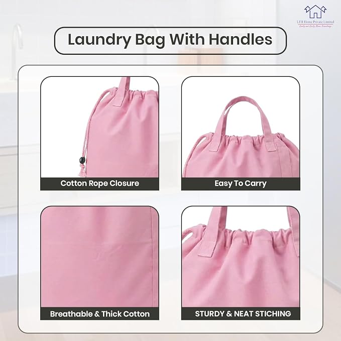 LFH Home Large Premium Cotton Rich Canvas Laundry Bag with Drawstring and Handles Heavy Duty, Multi-Use, Washable for Home, Travel, College or Storage 20x30 (Pack of 4)-Pink - Image 3