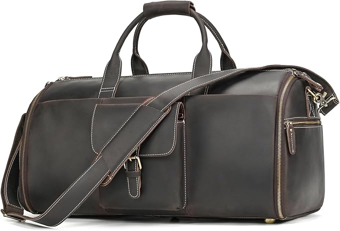 Full Grain Genuine Leather Garment Bag for Men 2 in 1 Convertible Suit Travel Duffel Bag Weekender Overnight Bag with Shoe Compartment Business Carry On Luggage, Dark Brown by Unknown