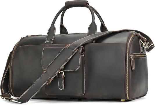 Full Grain Genuine Leather Garment Bag for Men 2 in 1 Convertible Suit Travel Duffel Bag Weekender Overnight Bag with Shoe Compartment Business Carry On Luggage, Dark Brown by Unknown
