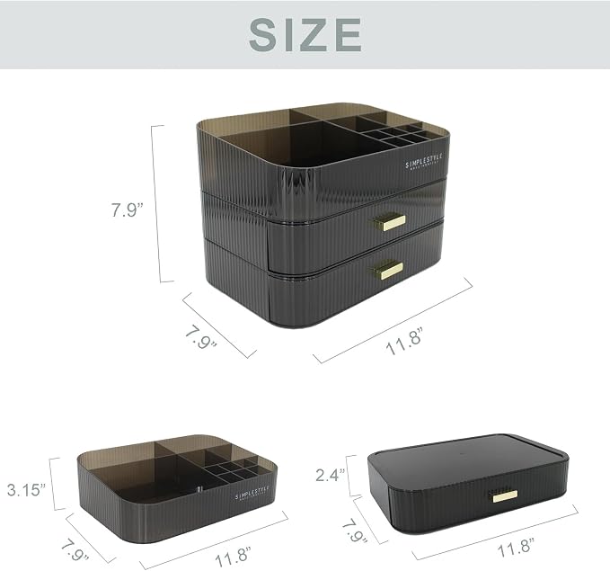 Makeup Organizer with 2 Drawers, Cosmetics Organizer for Bedroom and Bathroom Vanity Countertops, Large Capacity Cosmetic Storage Box for Skincare Cream Perfume Lipstick Dresser Counter-Black - Image 5