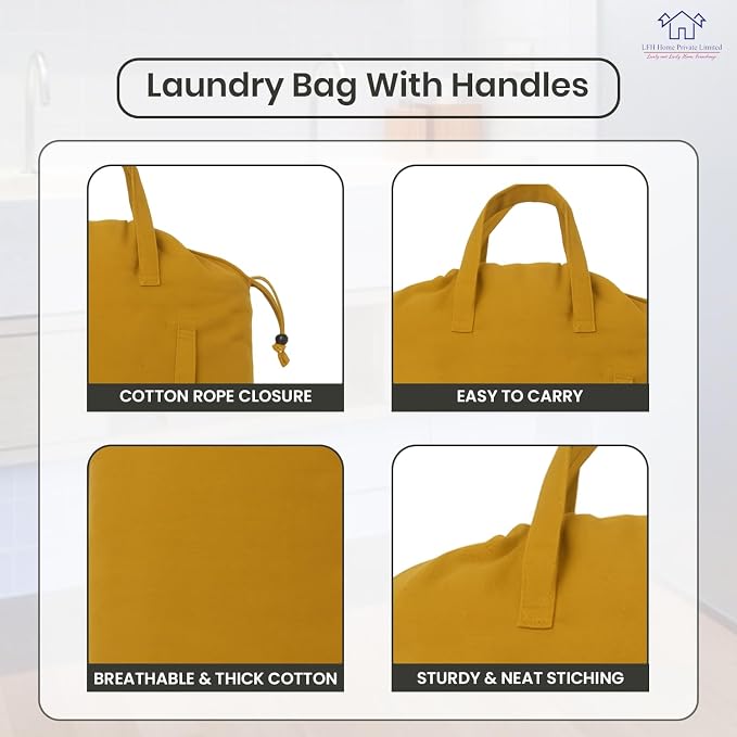 LFH Home Cotton Rich Canvas Large Laundry Bag with Handle, Heavy Duty Drawstring Closure Washable Laundry Bags, School Travel, Home, Hotel, College Dorm, Organizer Sack, Toys Clothes 28x40-Yellow - Image 3