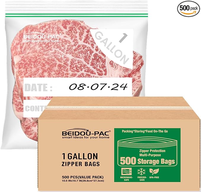 BEIDOU-PAC Gallon Food Storage Freezer Bags, 500 Count | Double Zipper | 10.5" * 10.7", Freshness Easy Open Reclosable Clear Plastic Bags by BEIDOU-PAC