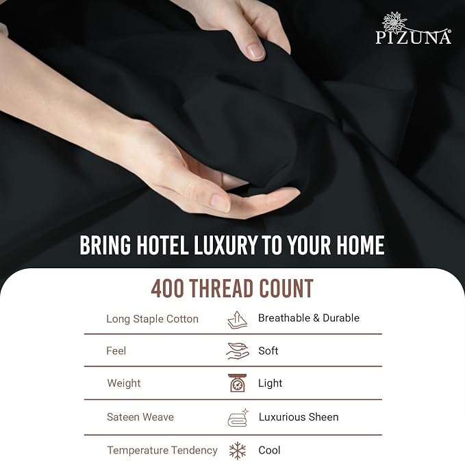 Pizuna Pure 100% Long-Staple Cotton Duvet Cover + Sheet Set Queen, Luxurious 400 Thread Count Long Staple Cotton, Soft Sateen Weave Bedding Set (Black) - Image 5