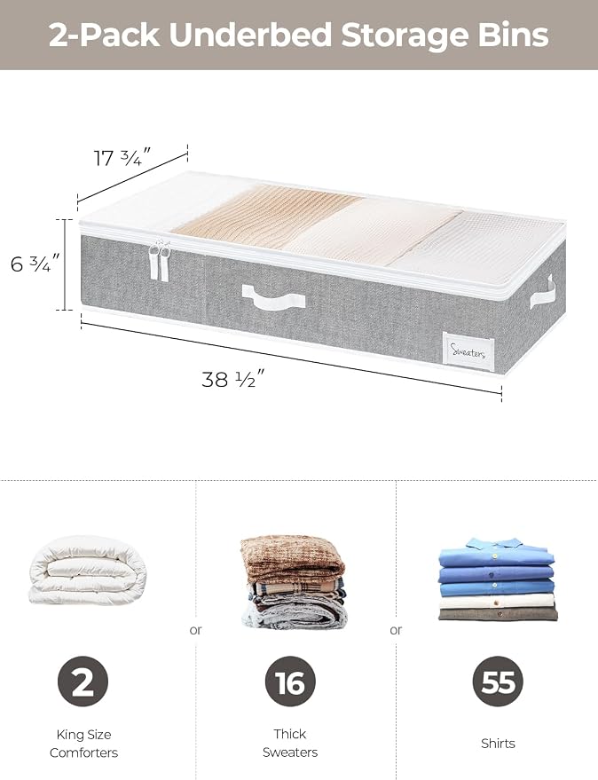 StorageWorks Extra Large Under Bed Storage Containers with Handles and Label Holder, 2 Pack Ultra-thick Fabric Underbed Bins, Closet Organizer for Clothes, Blankets, Sweater - Image 2