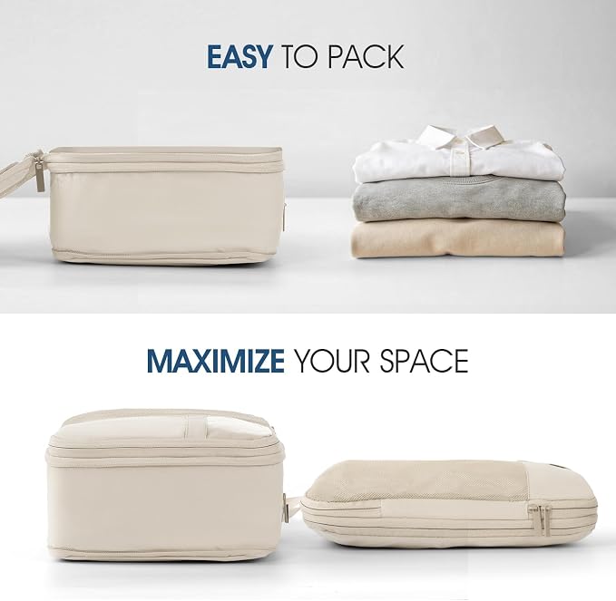 Compression Packing Cubes for Travel - Double Zipper Luggage Organizer Bags for Suitcases (6-Pack, Beige) - Image 3