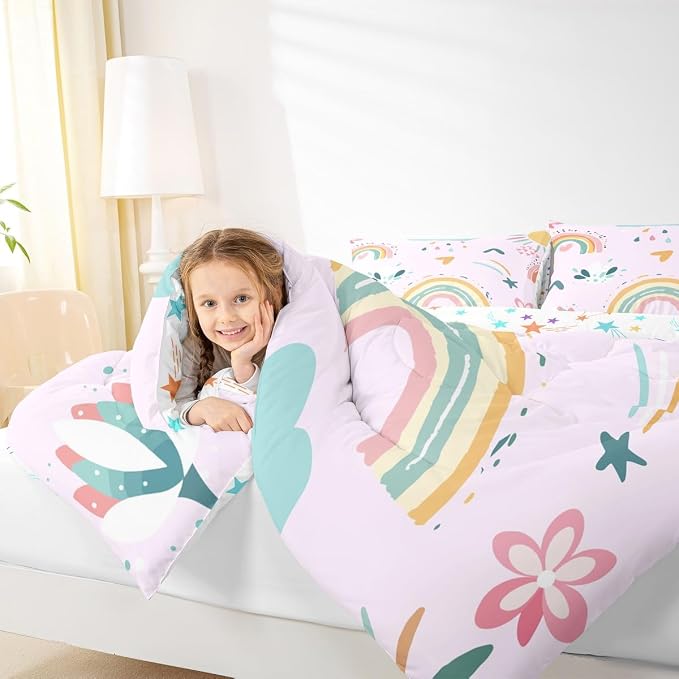 Erosebridal Rainbow Full Bedding Sets for Girls 3 Pcs, Cute Flowers Comforter Set Cartoon Rainbow Ripple Quilt, Colorful Kawaii Cloud Duvet Insert for Kids Boys Children Women Bedroom Decor, Pink - Image 6