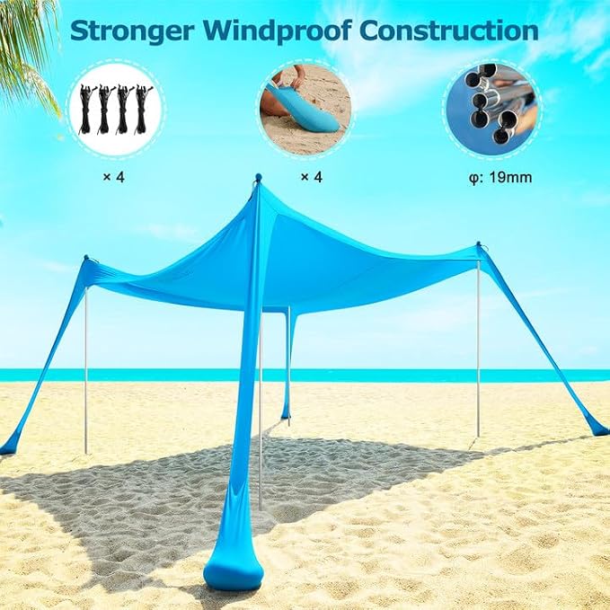 COMMOUDS Beach Tent Sun Shelter - UPF50+ Pop Up Beach Canopy with Sandbags & Sand Shovel & Windproof Poles, Portable Sun Shade for Beach, Camping, Picnics, Backyard - Image 4
