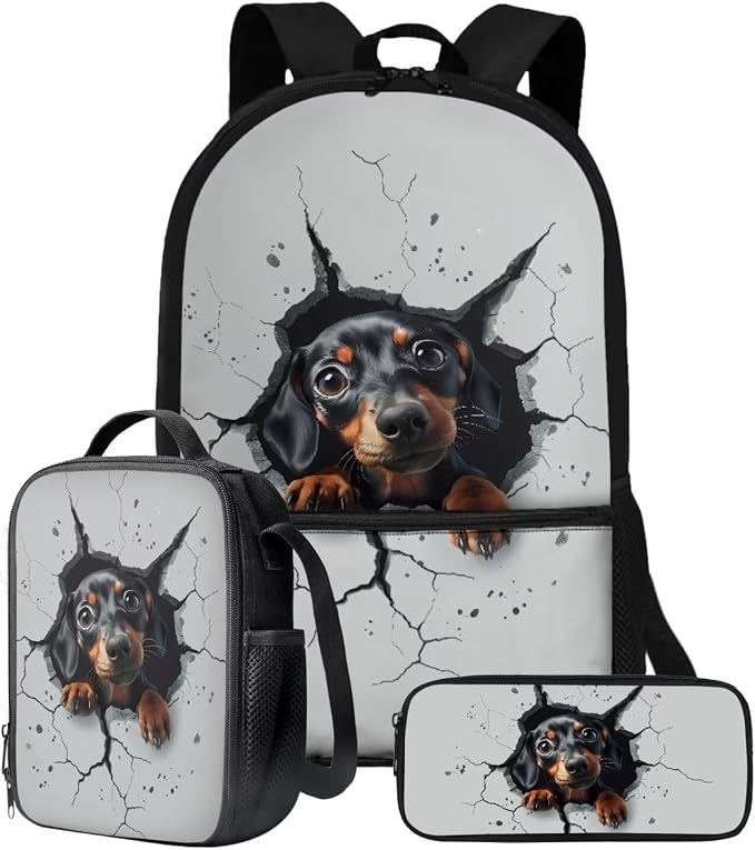 3D Dachshund Dog Print Backpack Set 17 Inch Schoolbag Large Capacity Bookbag Lunch Box Pencil Case Lightweight Travel Laptop Backpacks Rucksack Daypack with Zippered Pockets by ZIATUBLES