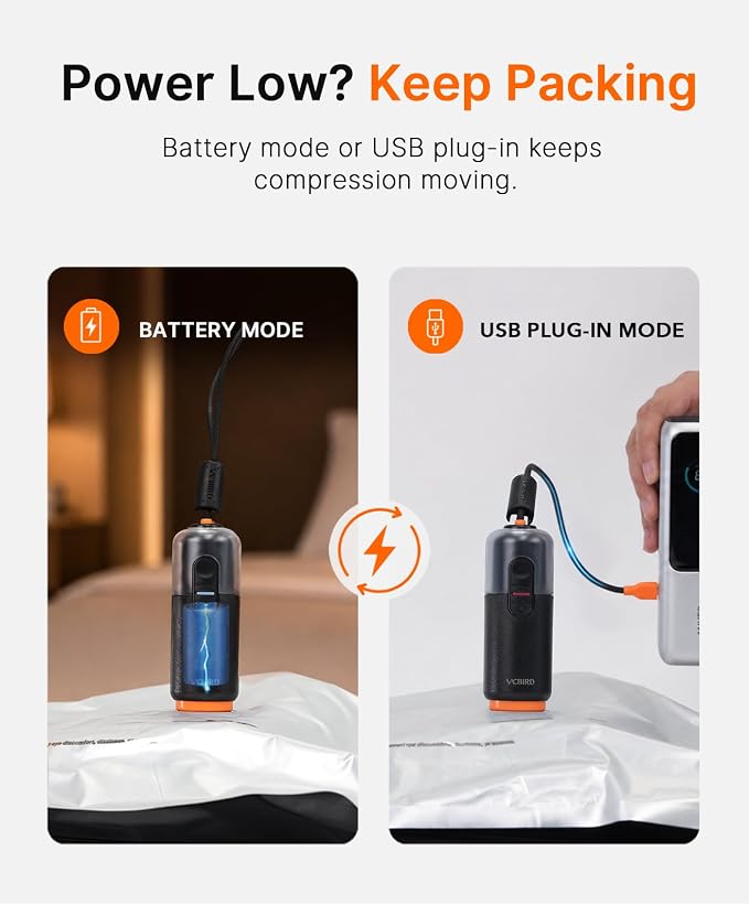 Vacbird 15-Pack Travel Vacuum Storage Bags with Dual Power Electric Pump, Space Saver Compression Bags for Clothing, Carry-On Luggage and Suitcase Packing, Rechargeable Battery & Direct USB Power - Image 5