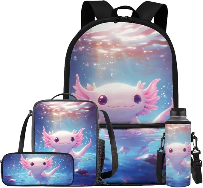 Cute Axolotl Backpack for Girls Kids Backpack with Lunch Box Water Bottle Pouch and Zipper Pencil Case 4PCS Set Sturdy Bookbag with Front Pocket 17 inch Lightweight Elementary School Bag by ELEDIZI
