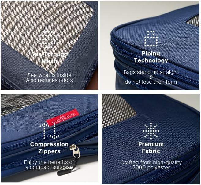 LeanTravel Premium Compression Packing Cubes for Travel - Suitcase Organizer Bags with Double Zipper & Breathable Mesh Panel - Space Saving Carry On Luggage Essentials (6-Pack, Navy Blue) - Image 5