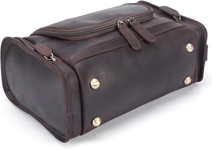 Polare Full Grain Leather Toiletry Bag Travel Dopp Kit Makeup Cosmetic Organizer Shaving Kit Wash Case with Hanging Hook - Image 8