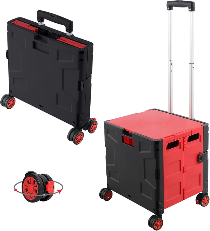FELICON Folding Utility Cart Rolling Crate Handcart Basket Tote-Red+Black | Collapsible Hidden Lid,Plastic Box,Telescoping Handle,4 Rotate Wheels for Travel Shop Move Grocery Laundry Office Teacher Use by FELICON