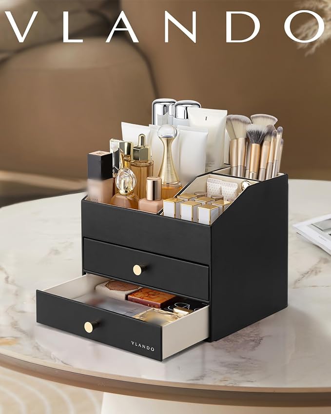 VLANDO Makeup Organizer for Vanity,Large Capacity Countertop Organizer with Drawers, PU Leather Cosmetic Display Case for Lipstick,Brushes,Skincare,Bedroom Storage (Black) - Image 7
