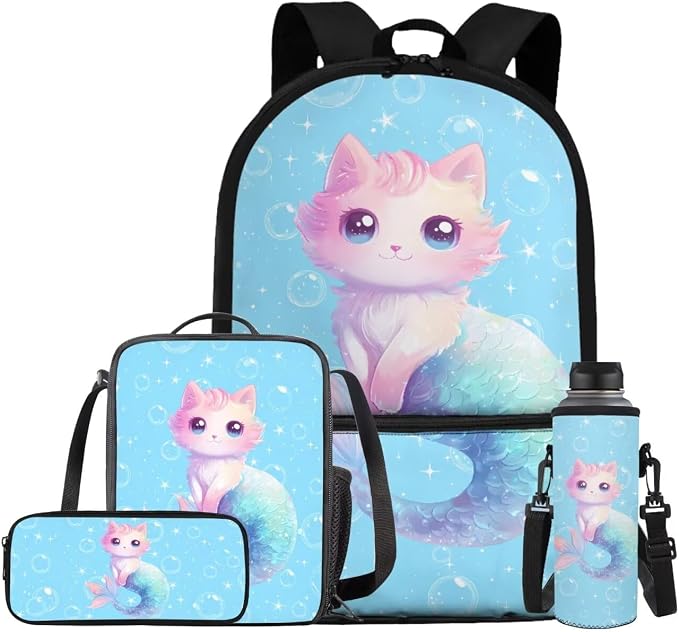 Mermaid Cat Backpack for School Girls Backpack with Lunch Box Water Bottle Holder with Strap and Cute Pencil Case 4PCS Set Bookbag with Front Pocket 17" Sturdy Elementary School Bag for Kids by ELEDIZI