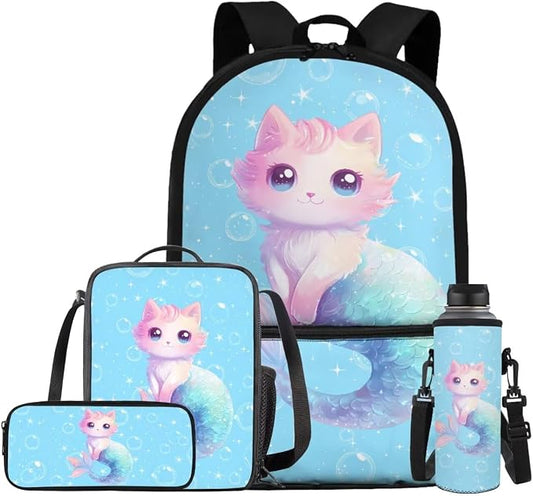 Mermaid Cat Backpack for School Girls Backpack with Lunch Box Water Bottle Holder with Strap and Cute Pencil Case 4PCS Set Bookbag with Front Pocket 17" Sturdy Elementary School Bag for Kids by ELEDIZI