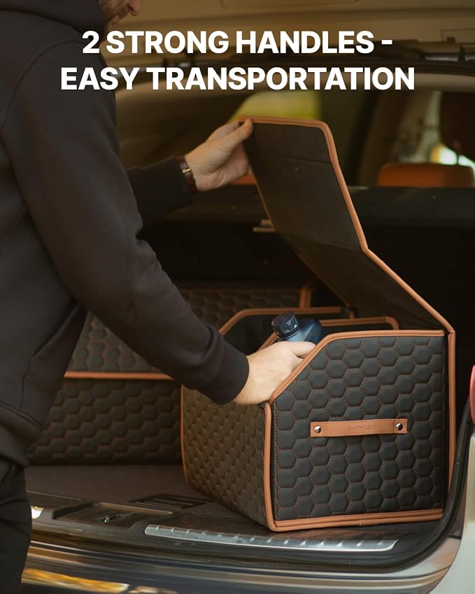 Owleys Sedan Trunk Organizer 17.7" Storage Tote For Groceries, Tools & Travel Gear - Foldable Eco-Leather Car Crate With Magnetic Lid | Stylish Presents For Drivers | Black-Brown (Hexy 17) - Image 5