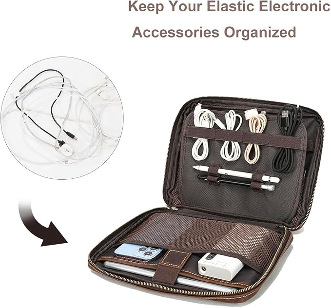 LANNSYNE Full Grain Leather Electronic Organizer Accessory Travel Tech Pouch, Cable Accessories Bag, Storage Carry Case for Charger, Phone, Power Bank, Cables - Image 4