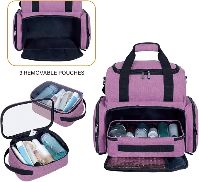 Large Makeup Bag Double Layer with 3 Removable Case,Purple | Large Makeup Bag with 3 Removable Case and 2 Removable Dividers Double Layer Travel Cosmetic Makeup Brushes Storage Section - Image 5
