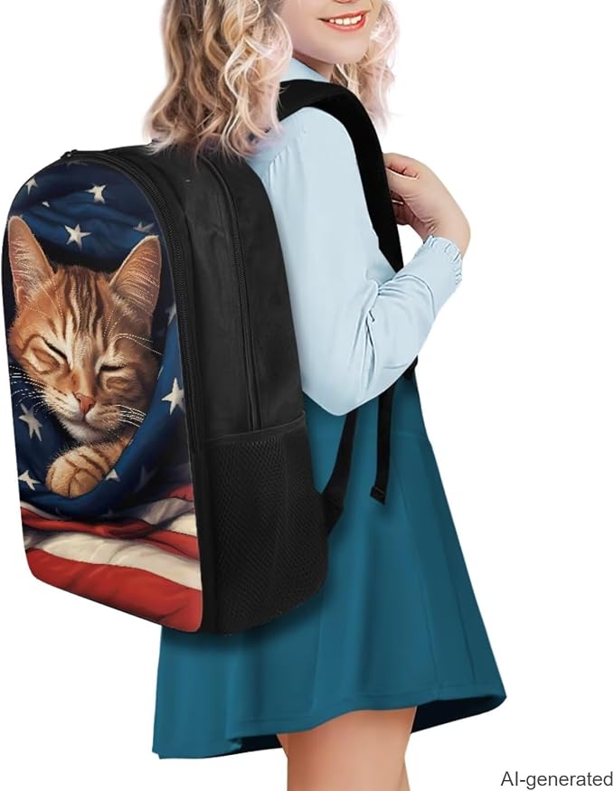 American Flag Cat Backpack for Girls Boys Backpack with Lunch Box Water Bottle Holder and Soft Pencil Pouch 4PCS Set Cute Bookbag with Compartments for School 17 inch Large School Bag for Kids - Image 2