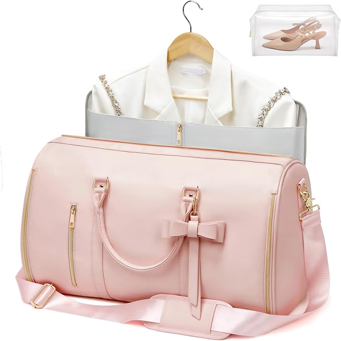 Garment Bags for Travel, Convertible Suit Travel Bag for Women, Fashion & Cute Carry On Garment Bag w/Shoes Pouch, 2 in 1 Foldable PU Leather Hanging Duffle Bag, Single-Zipper Design, Pink - Image 2