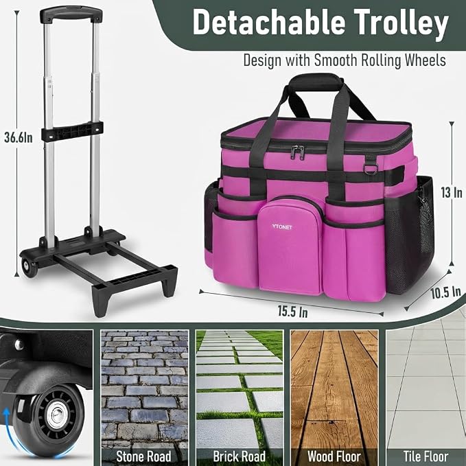 Ytonet Cleaning Caddy with Wheels, X Large Rolling Caddy Bag with Detachable Trolley for Housekeepers, Water Resistant Cleaning Cart Supplies Organizer for Home, Car, Tool Organizer, Mobile Storage - Image 2