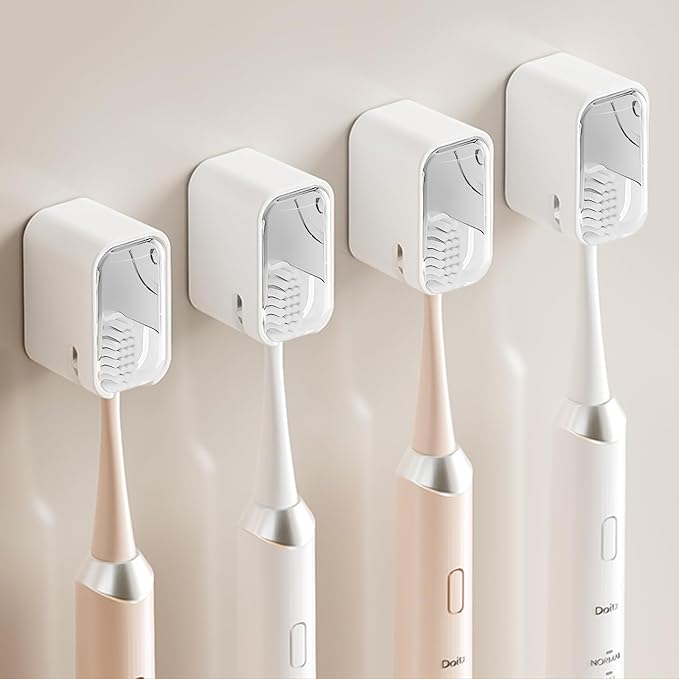 Wall Mounted Toothbrush Holders for Bathroom,Strong Self Adhesive Tooth Brush Holder with Cover, Toothbrush Heads Organizer for Family, 4 Pcs Clear White by Unknown