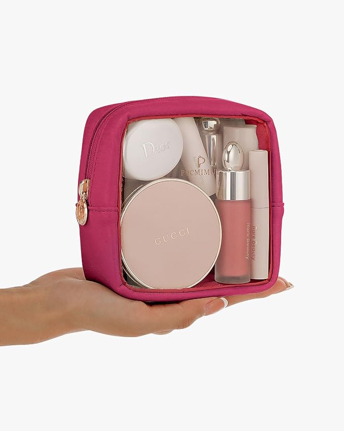 Pocmimut Clear Makeup Bag, Easy to Find Mini Makeup Bag for Purse, Travel Makeup Bag for Car, Compact Cosmetic Pouch for Daily Essentials,Hot Pink - Image 3