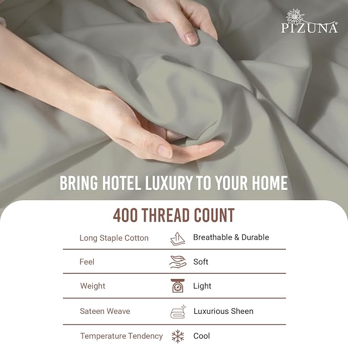 Pizuna Pure 100% Long-Staple Cotton Duvet Cover + Sheet Set Twin, Luxurious 400 Thread Count Long Staple Cotton, Soft Sateen Weave Bedding Set (Silver) - Image 5