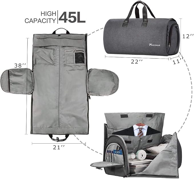 Modoker Convertible Garment Bag with Shoulder Strap, Carry on Garment Duffel Bag for Men Women - 2 in 1 Hanging Suitcase Suit Travel Bags, Black - Image 3