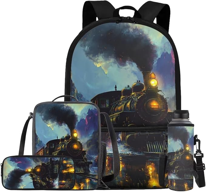 Train Backpack for Boys Kids Backpack with Lunch Box Water Bottle Carrier and Zipper Pencil Case 4PCS Set Bookbag with Front Pocket 17" Large Capacity Elementary School Bag for Back to School by ELEDIZI