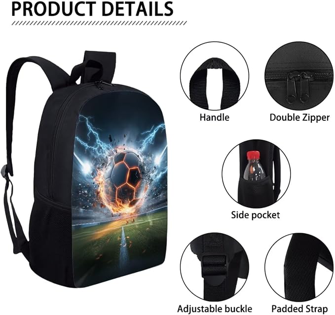 Soccer Ball Lighting Print Reusable School Bookbag Set for Teenage Girls, Durable Lightweight Backpack Set with Insulated Lunch Shoulder Box and Pencil Case, Children's Knapasck Set - Image 4