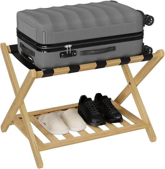 Smuxee Fully Assembled Luggage Rack for Guest Room, Upgraded Bamboo Foldable Suitcase Stand with 5 Nylon Straps, Nature Luggage Holder with Shelf for Bedroom Hotel by Smuxee