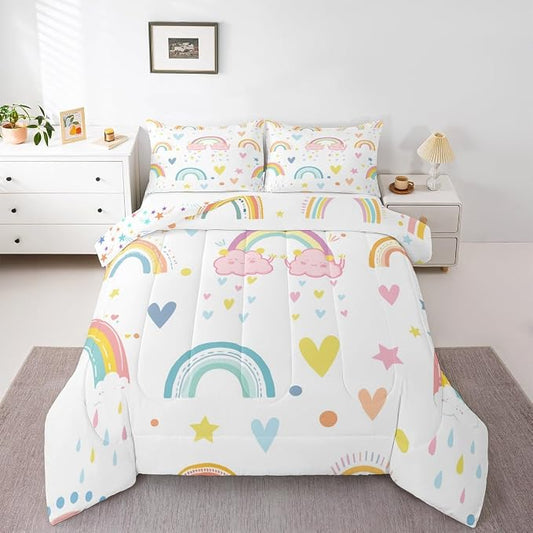 Erosebridal Rainbow Comforter Set 2Pcs, Kawaii Cartoon Cloud Quilt Iridescent Twin for Kids Girls Women Teens, Love Heart Duvet Insert Hand Drawn Style Down Comforter Girly Bedroom Decor,Colorful by Erosebridal