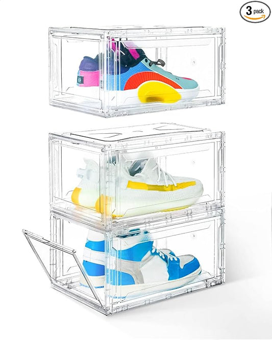 KDOR Shoe Boxes Clear Plastic Stackable 3 Pack Shoe Storage for Sneakerheads, Shoe Display Case Magnetic Door, Strong and Block of UV Protect your Shoes by KDOR